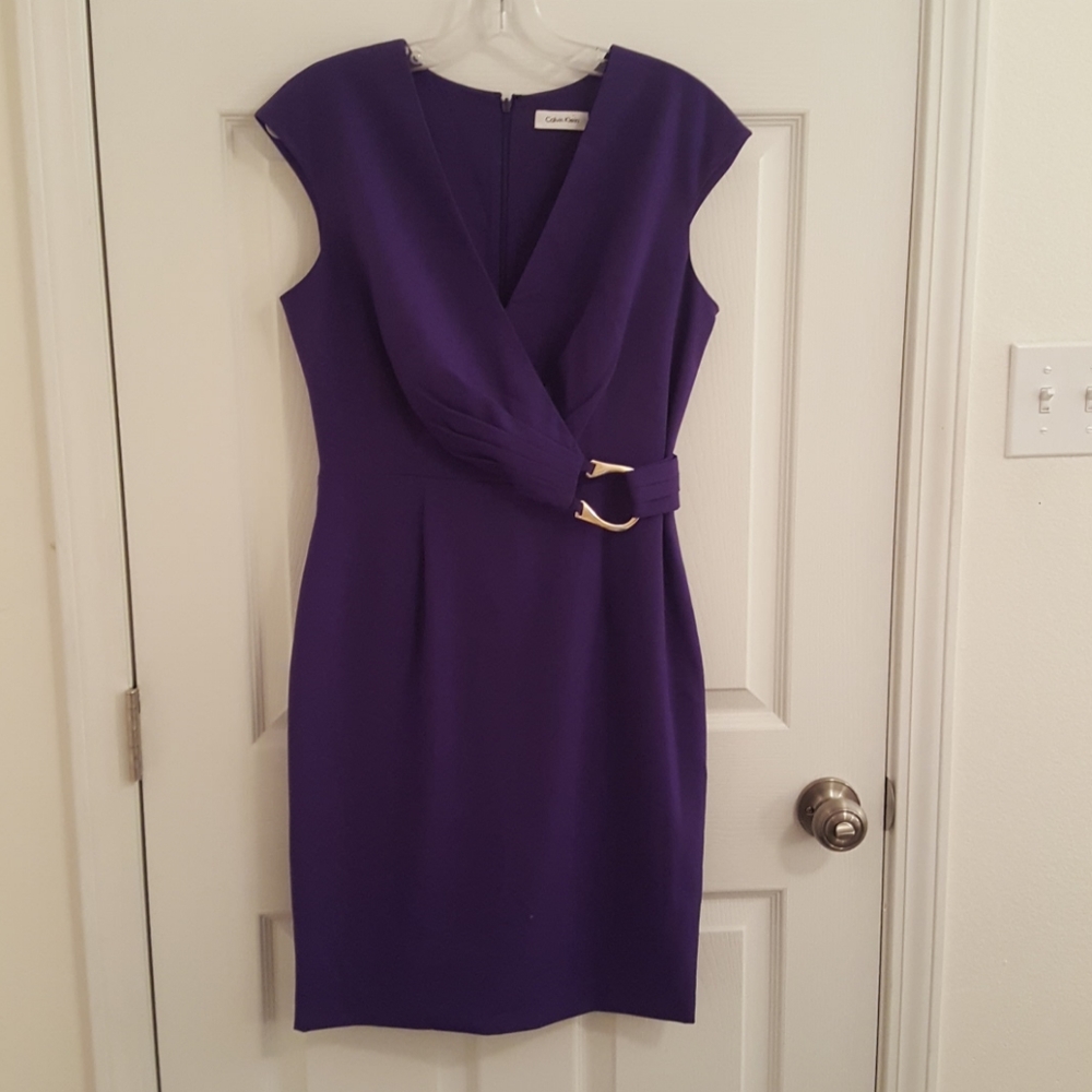 Purple faux wrap dress with gold buckle